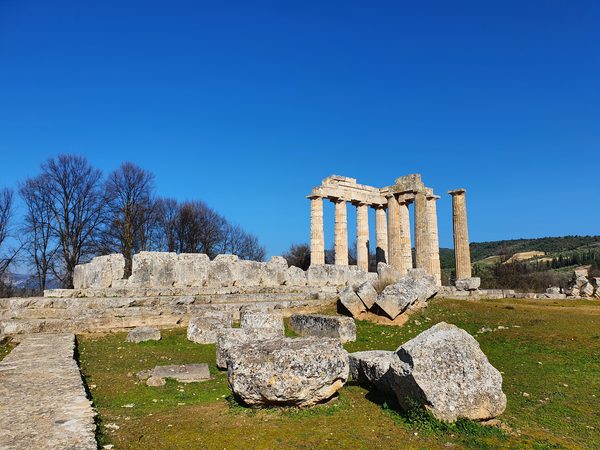 The Temple of Zeus at Ancient Nemea, its tall Doric columns rising from the archaeological site with hills in the background