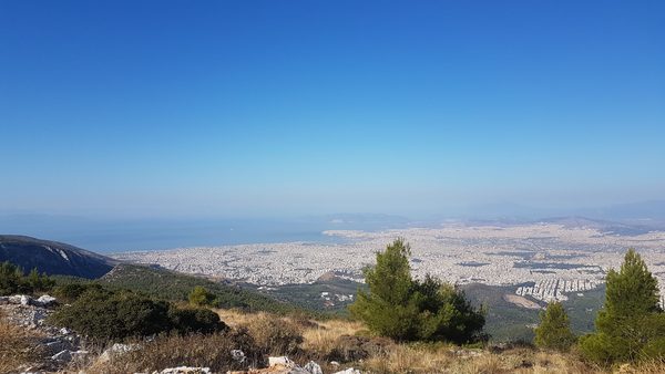 View from a pine ridge on Mount Hymettus over Athens, Piraeus and the Saronic Gulf