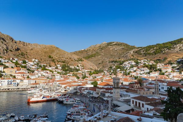 Aerial view of Hydra harbour, a stop on the Saronic Islands day cruise
