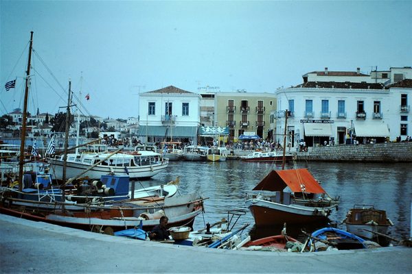 Waterfront and harbour of Spetses island with neoclassical buildings